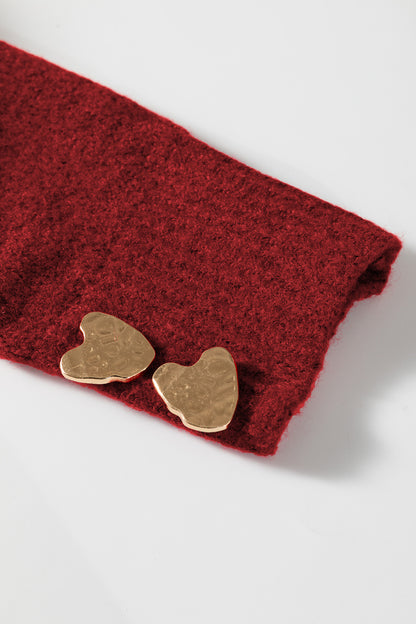 Fiery Red Heart Metal Button V Neck Cardigan Sweater