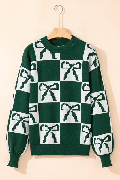 Blackish Green Checkered Bow Print Casual Sweater