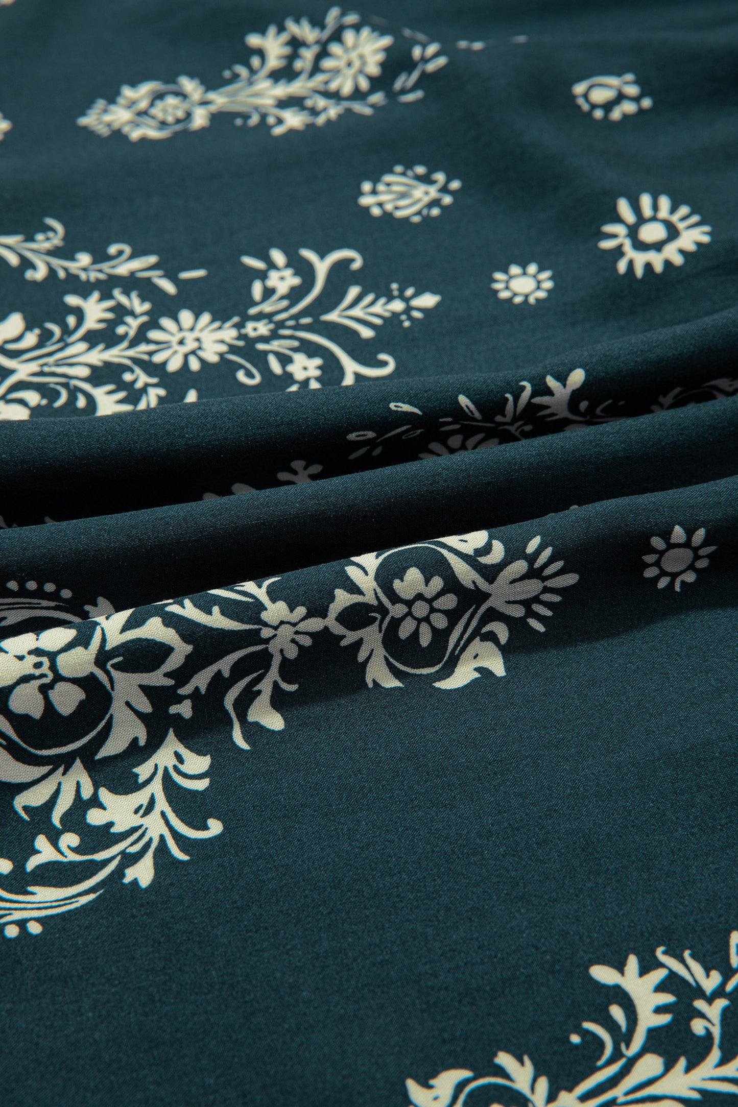 Sky Blue Boho Floral Print Lettuce Trim 3/4 Sleeve Mini Dress