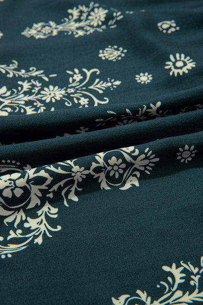 Sky Blue Boho Floral Print Lettuce Trim 3/4 Sleeve Mini Dress