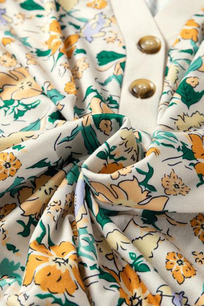 Khaki Floral Print Button Notched V Neck Long Sleeve Top