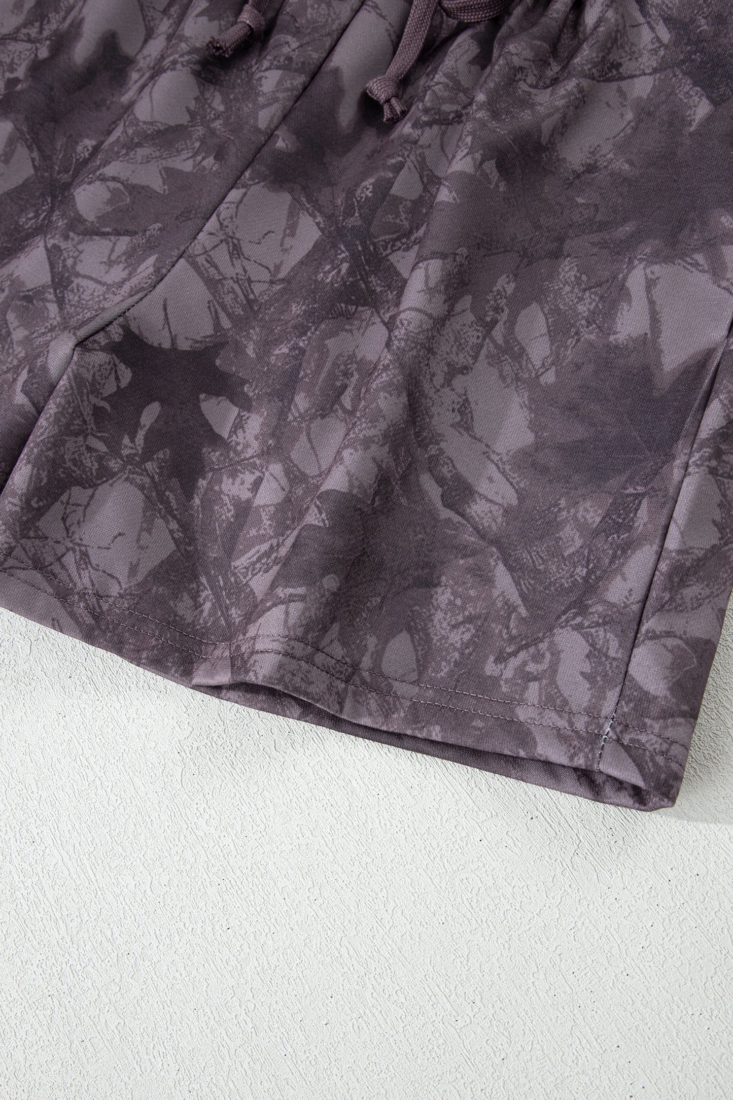 Brown Abstract Woodland Camo Print Baggy Pullover Drawstring Shorts Set