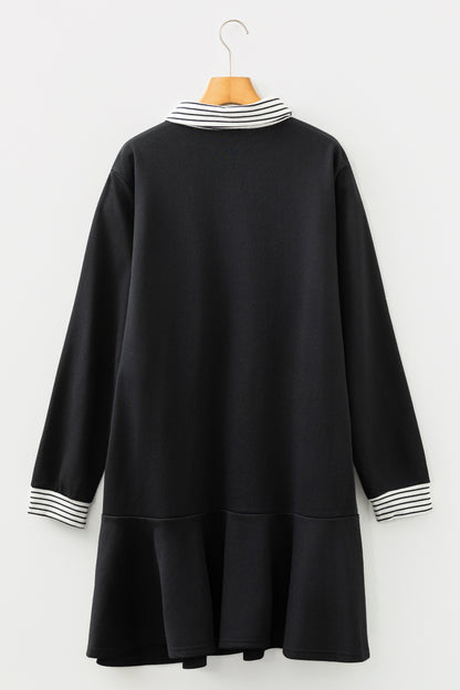 Black Plus Size Striped Cuffs Polo Collar Patchwork Long Sleeve Ruffle Hem Dress