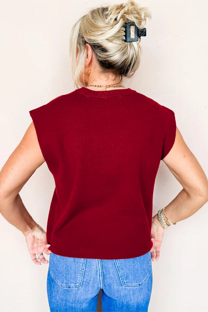 Racing Red Solid Color Crew Neck Knit Cap Sleeve Sweater