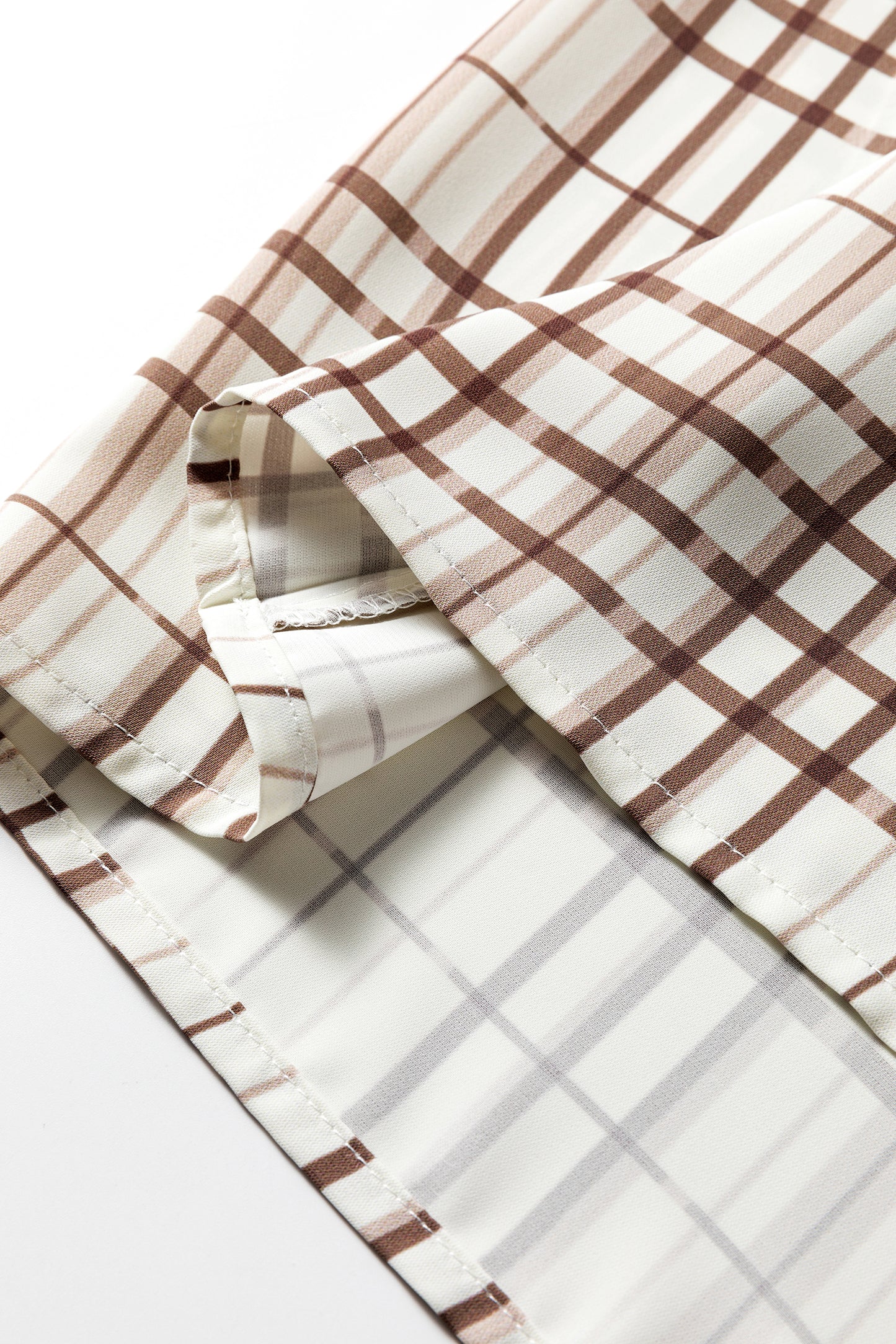 White Plaid Print Frilled Puffy Half Sleeve Blouse