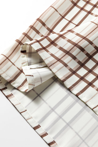 White Plaid Print Frilled Puffy Half Sleeve Blouse