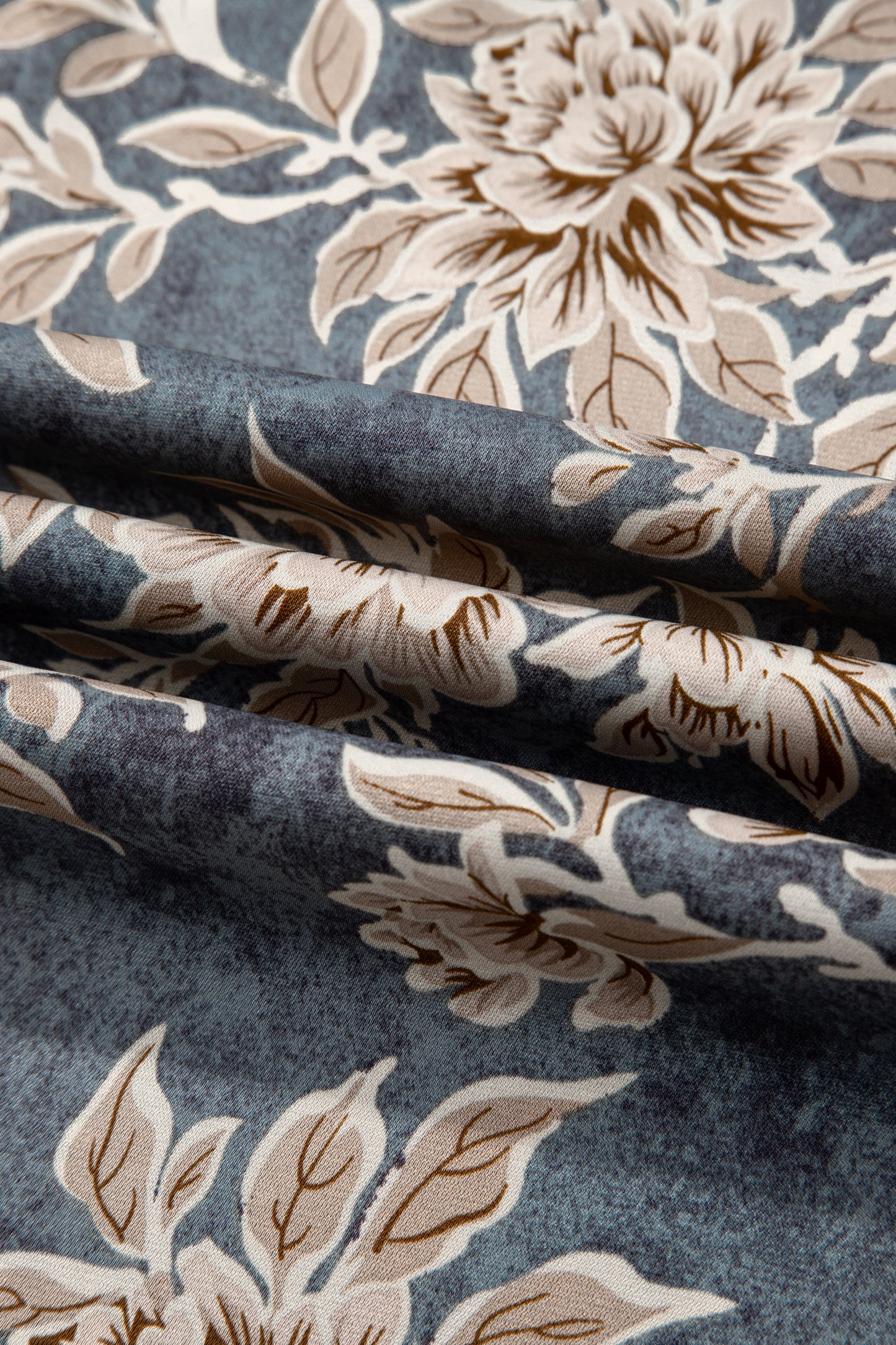 Sky Blue Plus Size Floral Print Split Neck Shirred High Waist Long Sleeve Maxi Dress