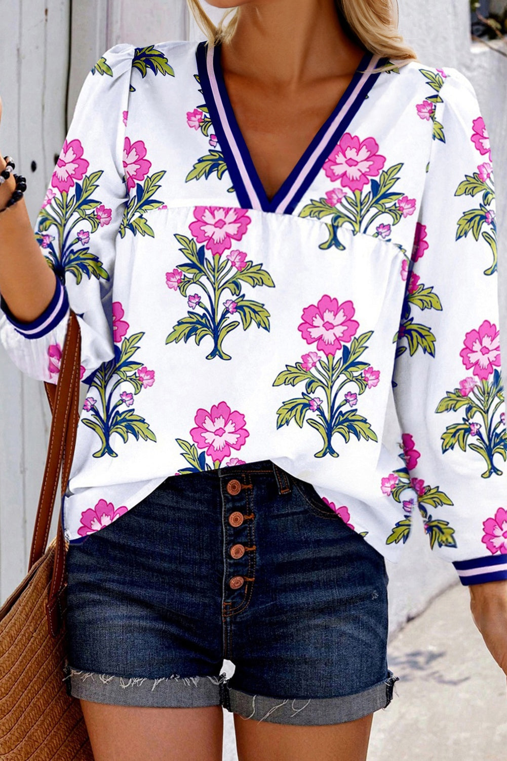White Floral Print Striped V Neck Blouse
