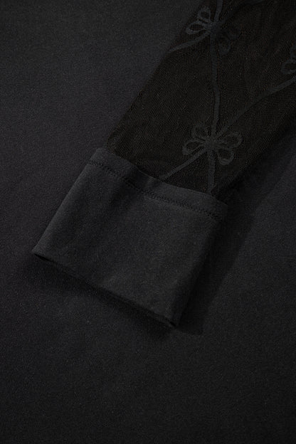 Black Solid Color Bow Textured Patchwork Long Sleeve Tee