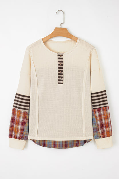 Beige Waffle Stripe Plaid Patchwork Henley Knit Top
