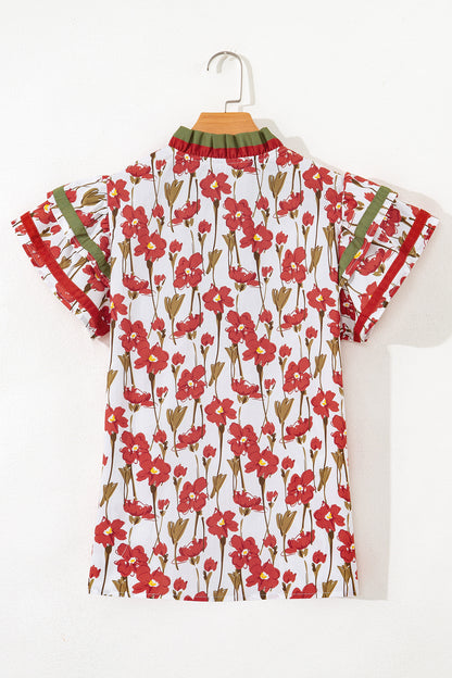 Red Floral Print Contrast Trim V Neck Double Ruffled Short Sleeve Blouse
