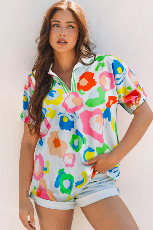 Green Chic Leopard Print Striped Detail Split Neck Blouse