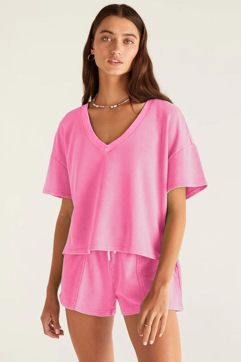 Bonbon V Neck Drop Shoulder Tee and Patchwork Drawstring Elastic Waistband Shorts Set