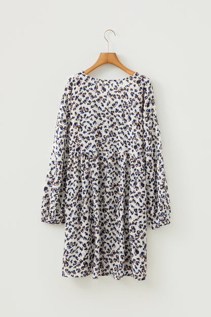 Multicolour Leopard Print V Neck Button Detail Long Sleeve Mini Dress