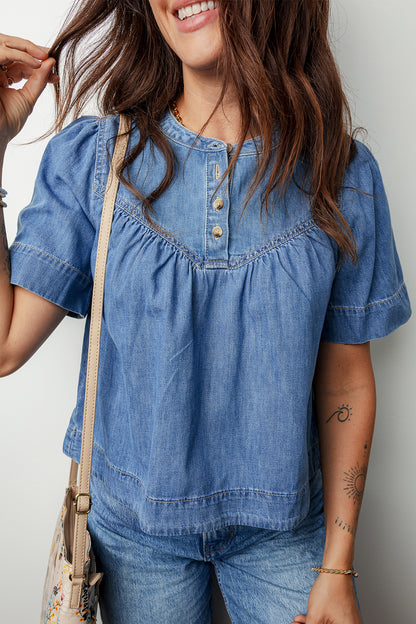 Beau Blue Seam Pleated Detail Half Button Short Sleeve Denim Top
