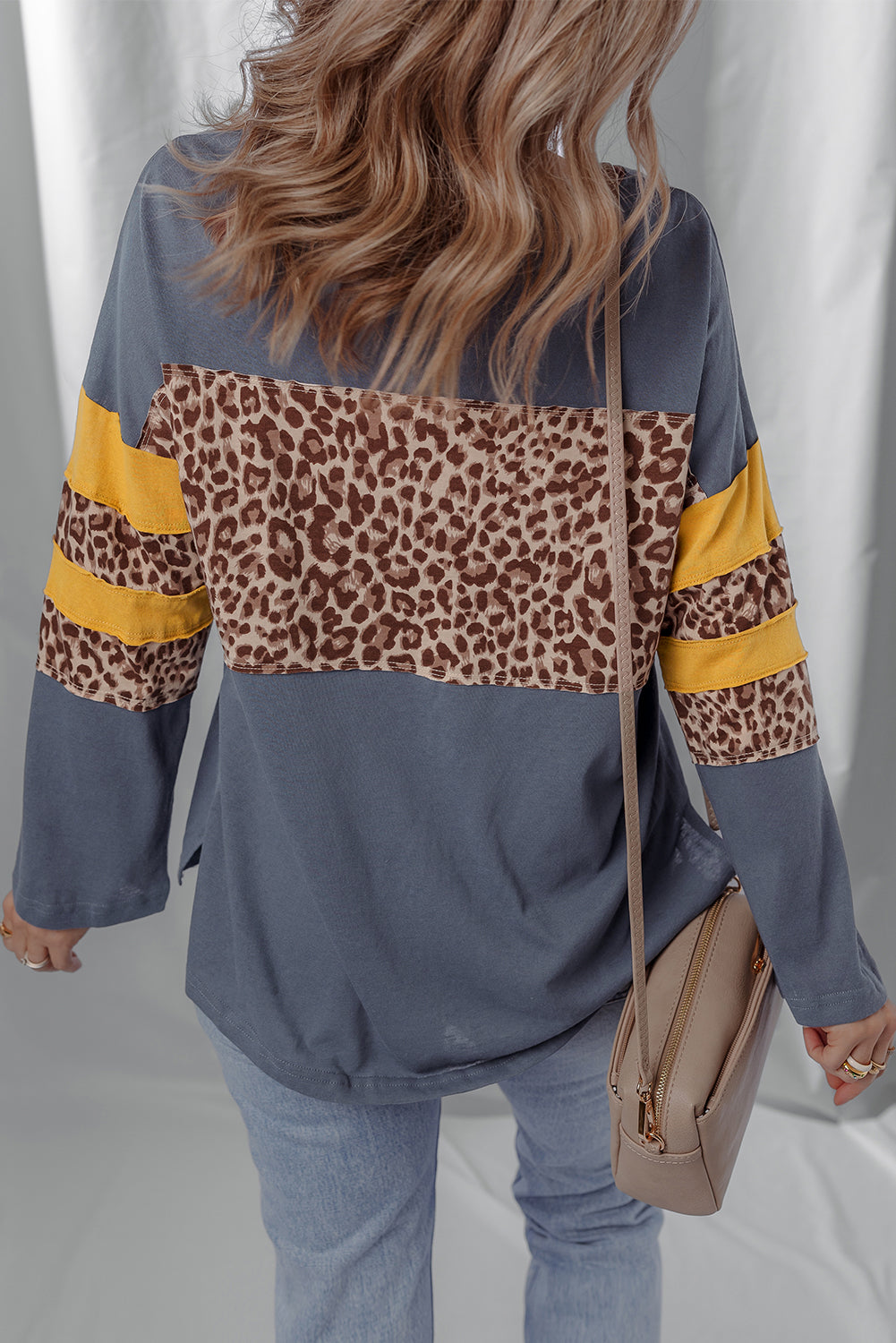 Dark Blue Leopard Colorblock Patchwork Long Sleeve Drop Shoulder Top