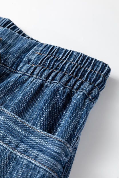 Blue Stripe Contrasted Drawstring Pocketed Loose Jeans