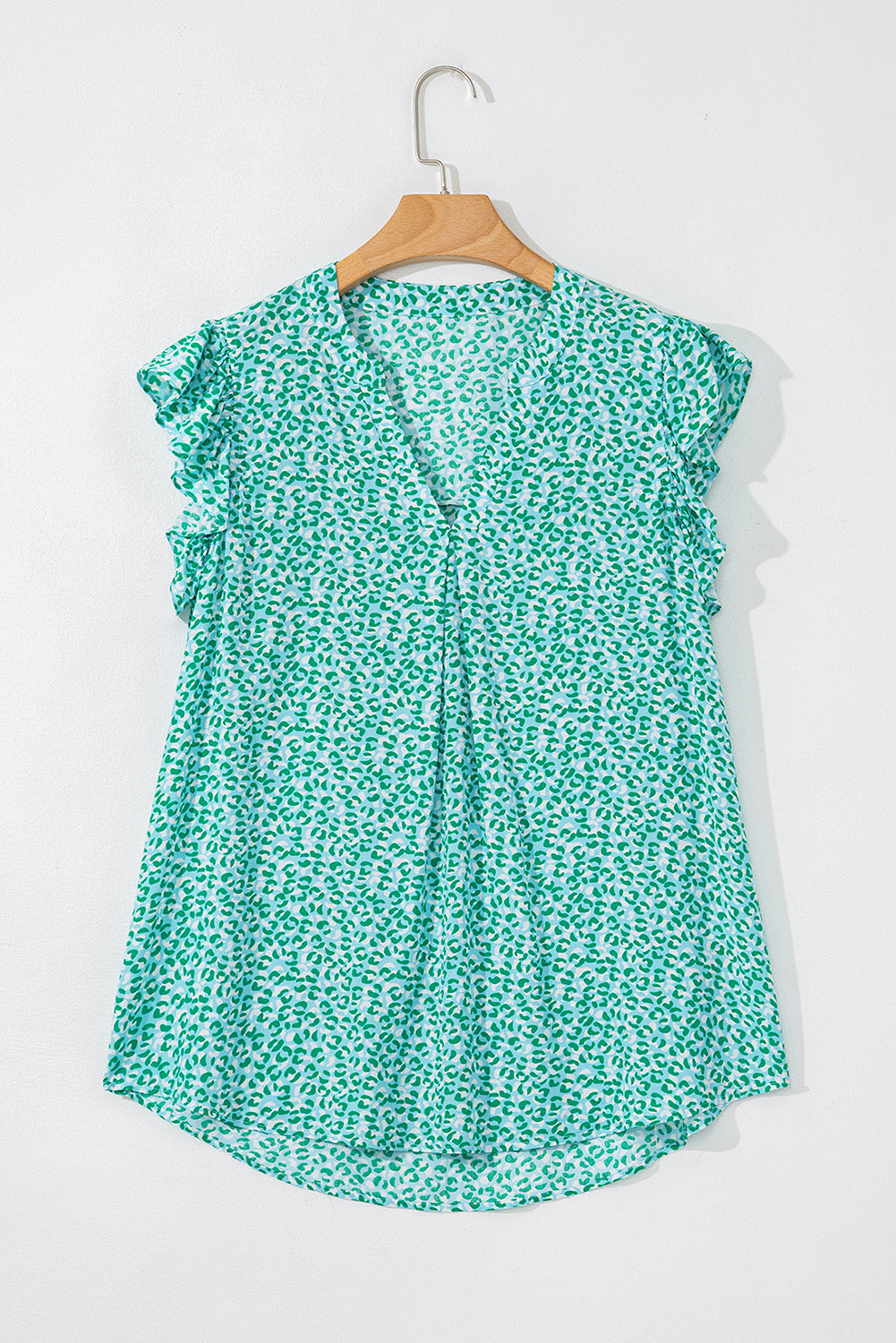 Green Notched V Neck Leopard Ruffle Short Sleeve Blouse