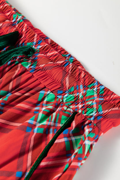 Fiery Red Christmas Plaid Satin Pajama Set with Contrast Velvet Ties
