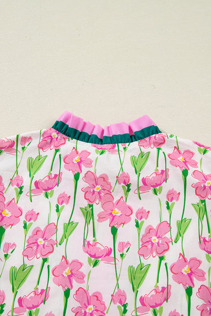 Red Floral Print Contrast Trim V Neck Double Ruffled Short Sleeve Blouse