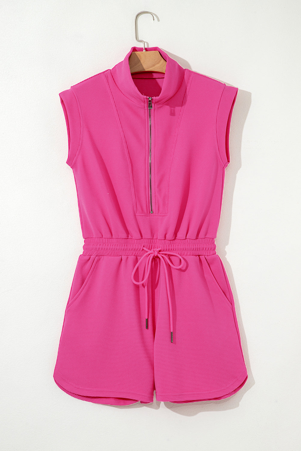 Rose Red Textured Short Sleeve Half Zip Drawstring Elastic Waistband Romper