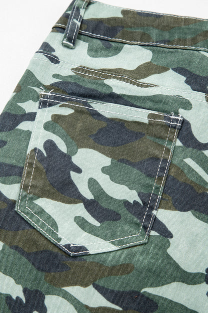 Green Camouflage Print Wide Leg Drawstring Denim Pants