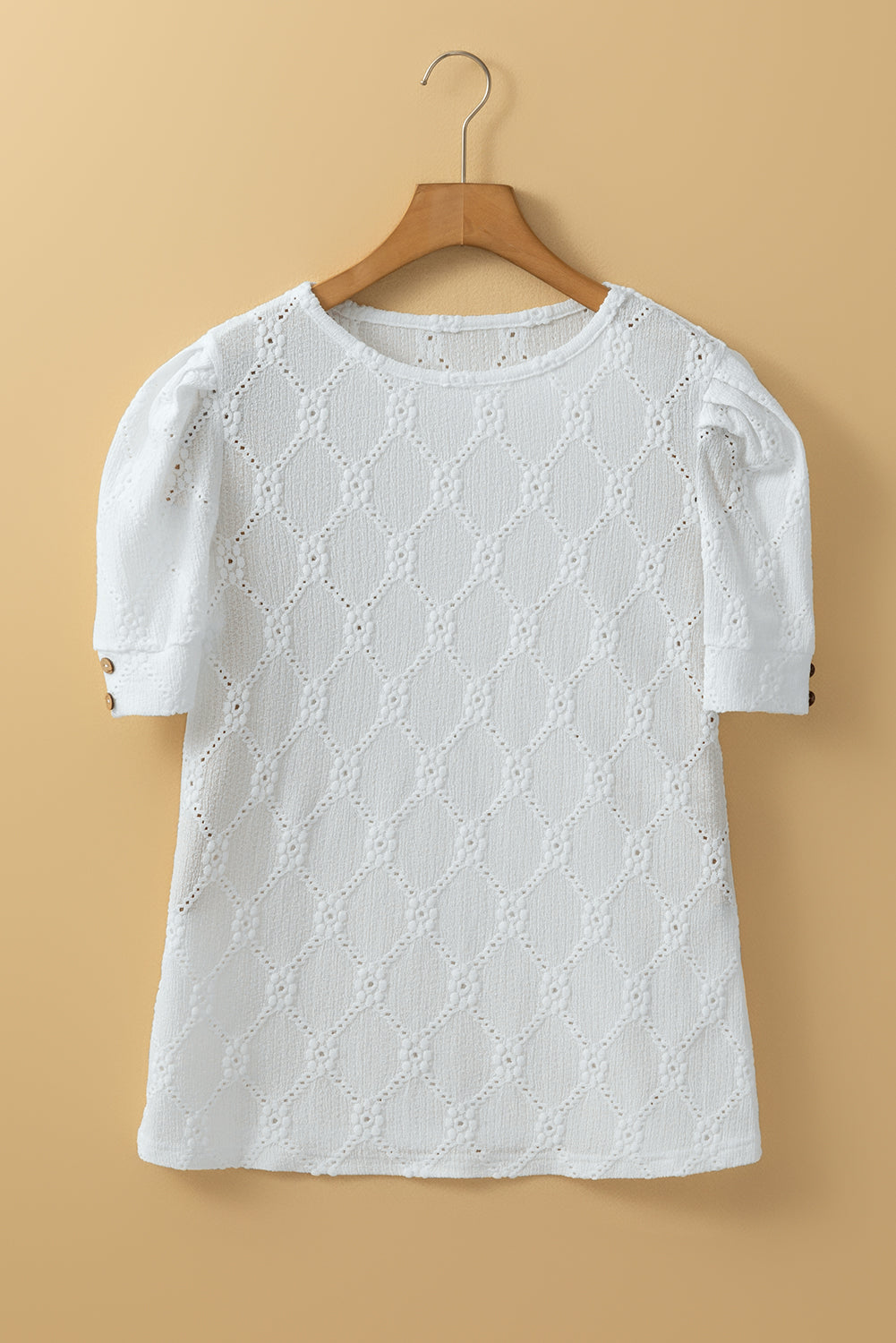 White Flower Geometric Textured Button Short Sleeve Top