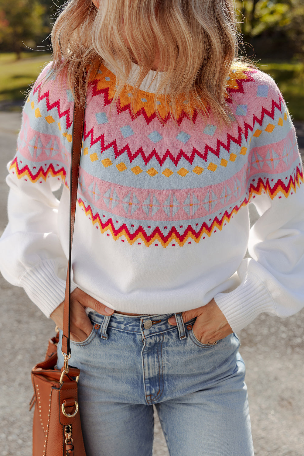 White Ethnic Geometric Colorblock Print Drop Shoulder Sweater