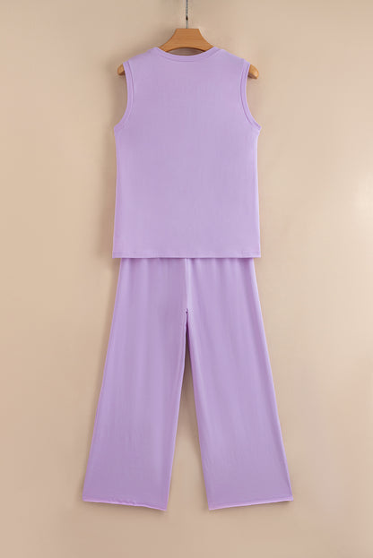 Orchid Petal Mineral Wash Casual Round Neck Tank and Straight Loose Drawstring Pants Set