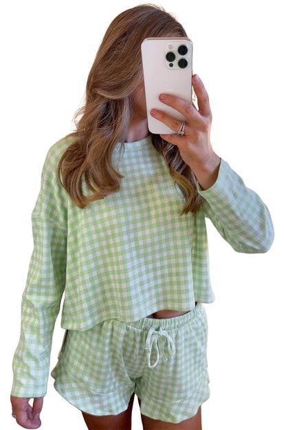 Green Gingham Long Sleeve Loose Top Drawstring Shorts 2pcs Lounge Set