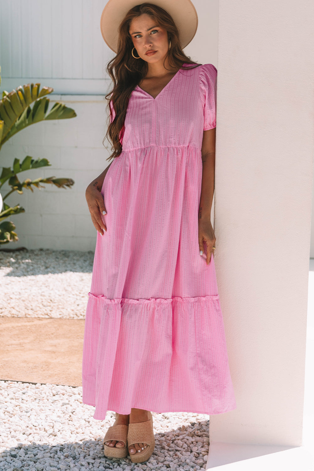Pink Stripe V Neck Puff Short Sleeve Maxi Dress