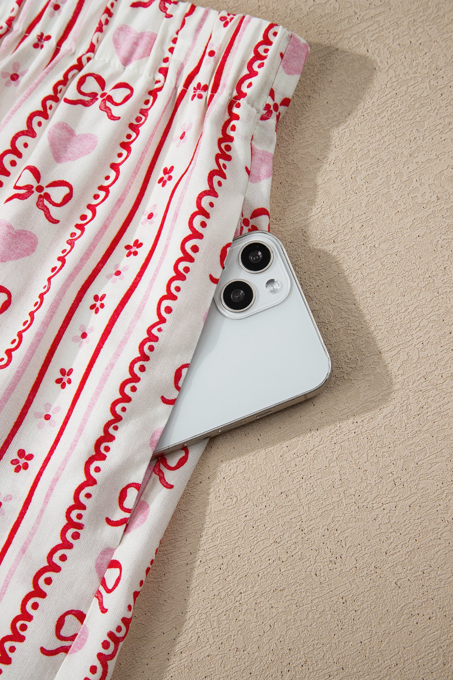 Red Cute Bow Heart Print Ribbon Decor Short 2pcs Pajama Set