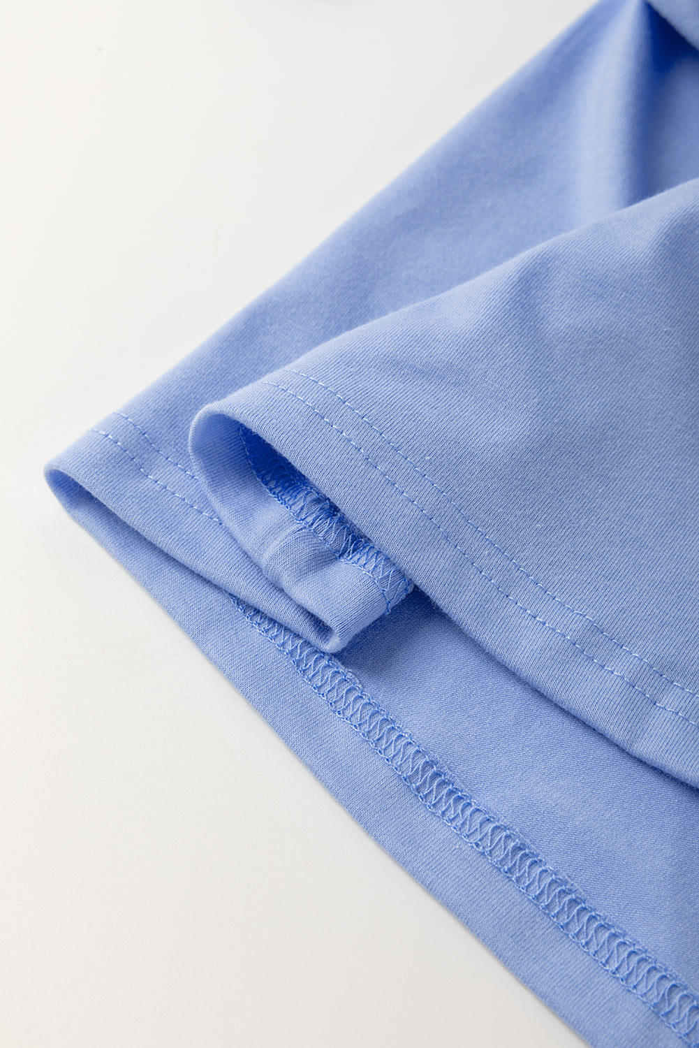 Sky Blue Flower Patched Exposed Stitching Trim Crew Neck Loose Tee