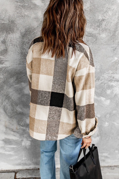 Gray Plaid Color Block Buttoned Long Sleeve Jacket with Pocket