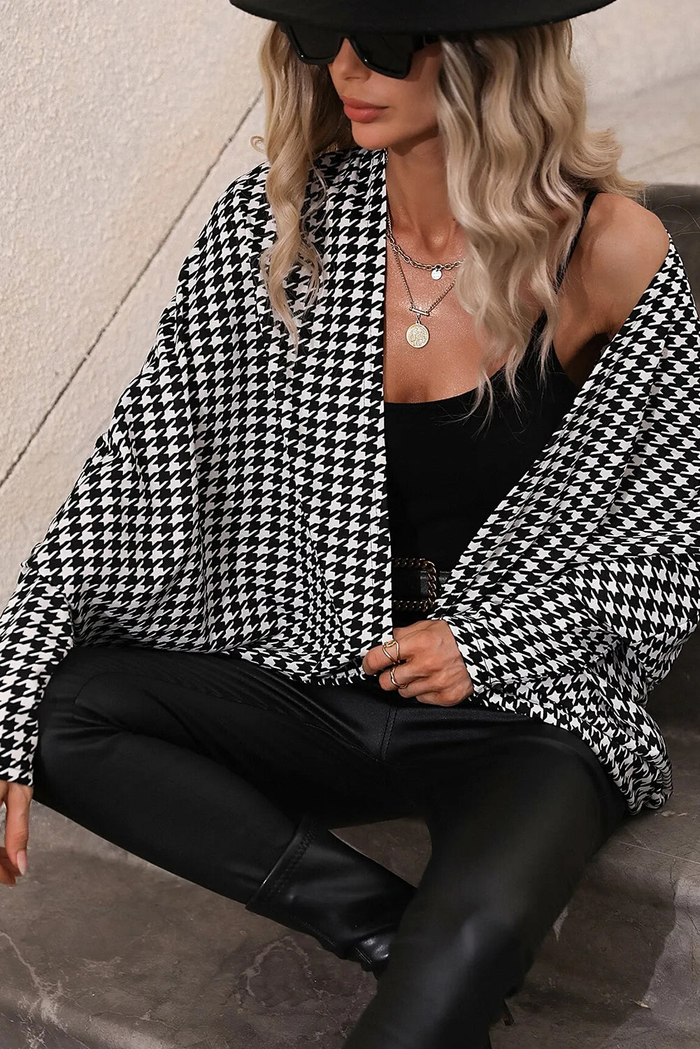 Black Houndstooth Print Open Front Long Dolman Kimonos
