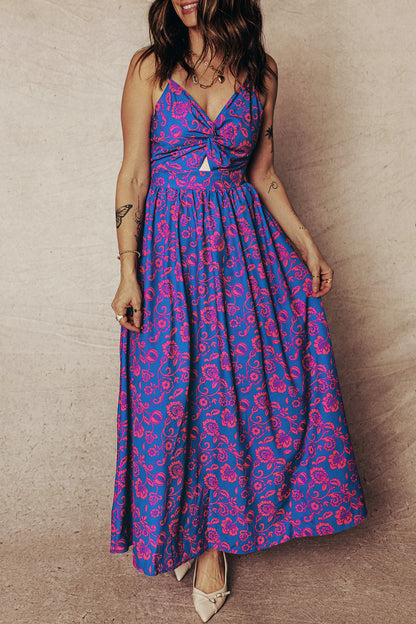 Blue Floral Print Twisted V Neck Tied Backless Maxi Dress