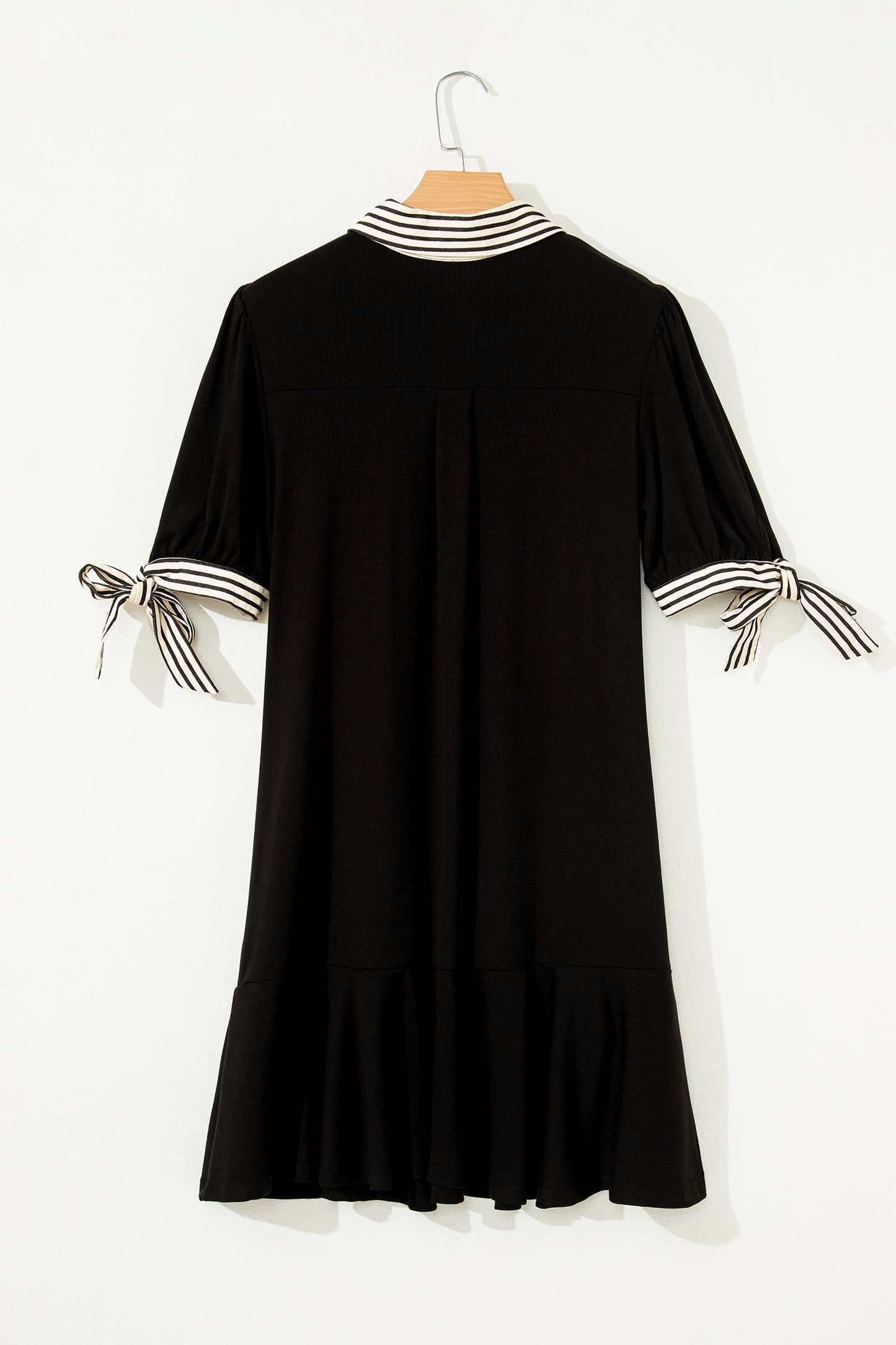 Black Stripe Detail Polo Collar Half Buttons Tied Short Sleeve Shift Mini Dress