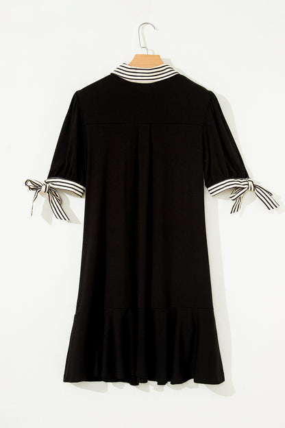 Black Stripe Detail Polo Collar Half Buttons Tied Short Sleeve Shift Mini Dress