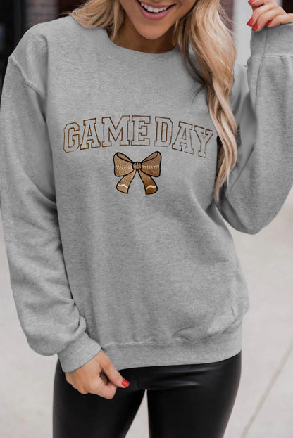 Gray GAME DAY Rugby Bow Embroidered Casual Sweatshirt