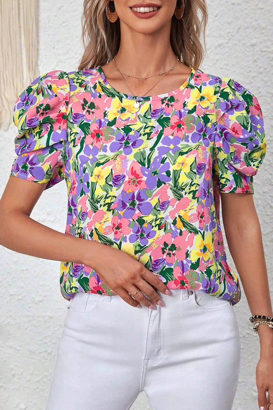 Purple Floral Print Puff Short Sleeve Crew Neck Blouse
