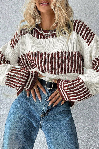 Khaki Two Tone Striped Patchwork Drop Shoulder Loose Sweater