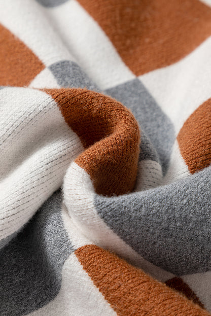 Brown Plus Size Checkered Crewneck Sweater