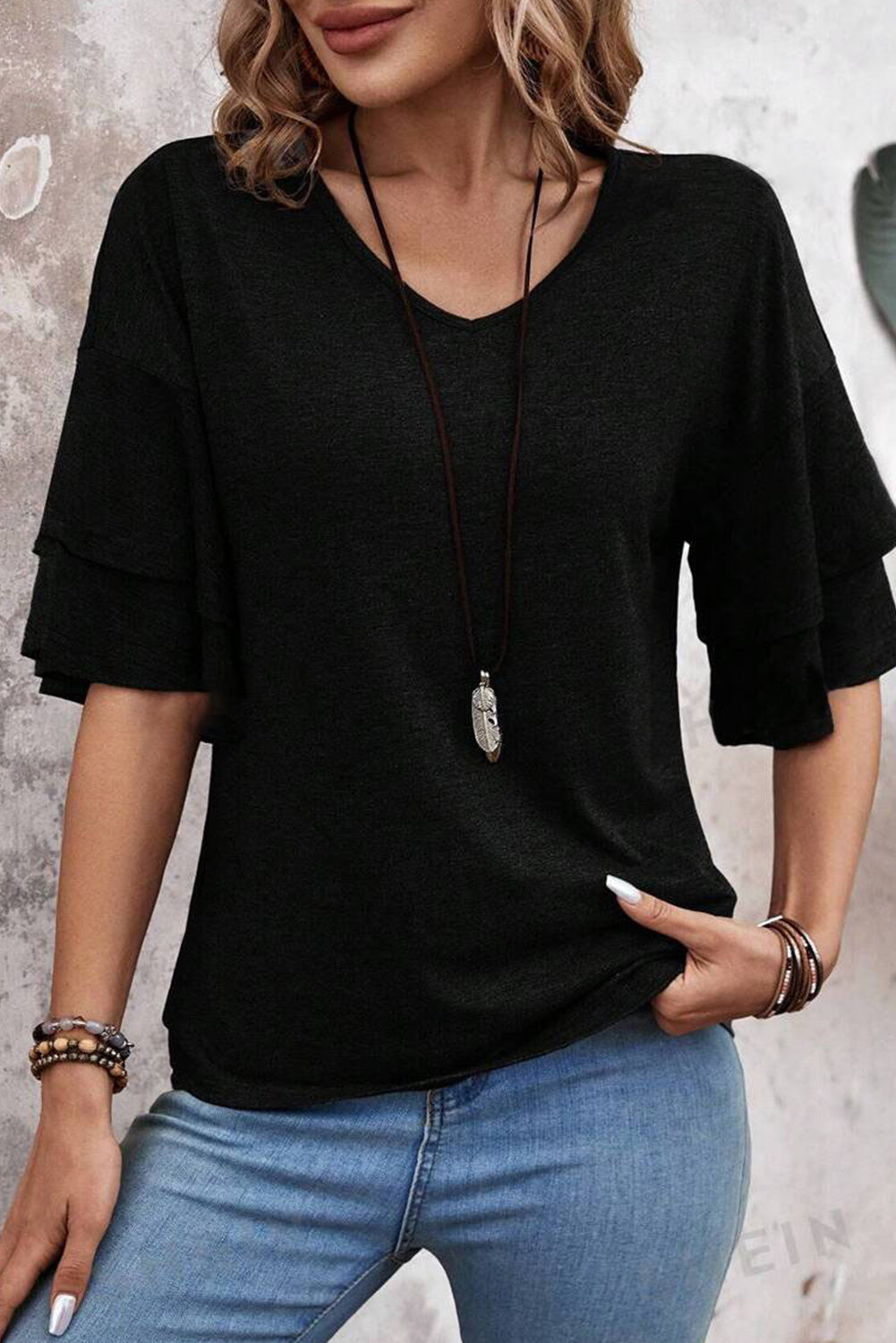 Black Solid Colour V-Neck Double Layer Sleeve Loose T-Shirt