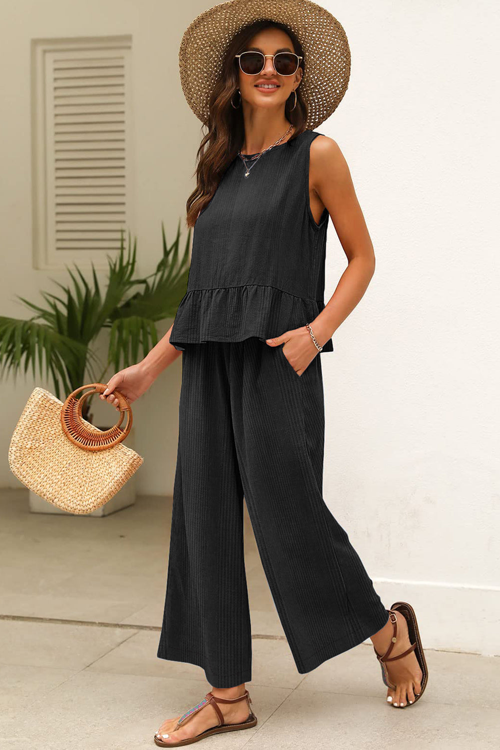 Black Solid Color Ribbed Ruffle Tank Top and Pants Set