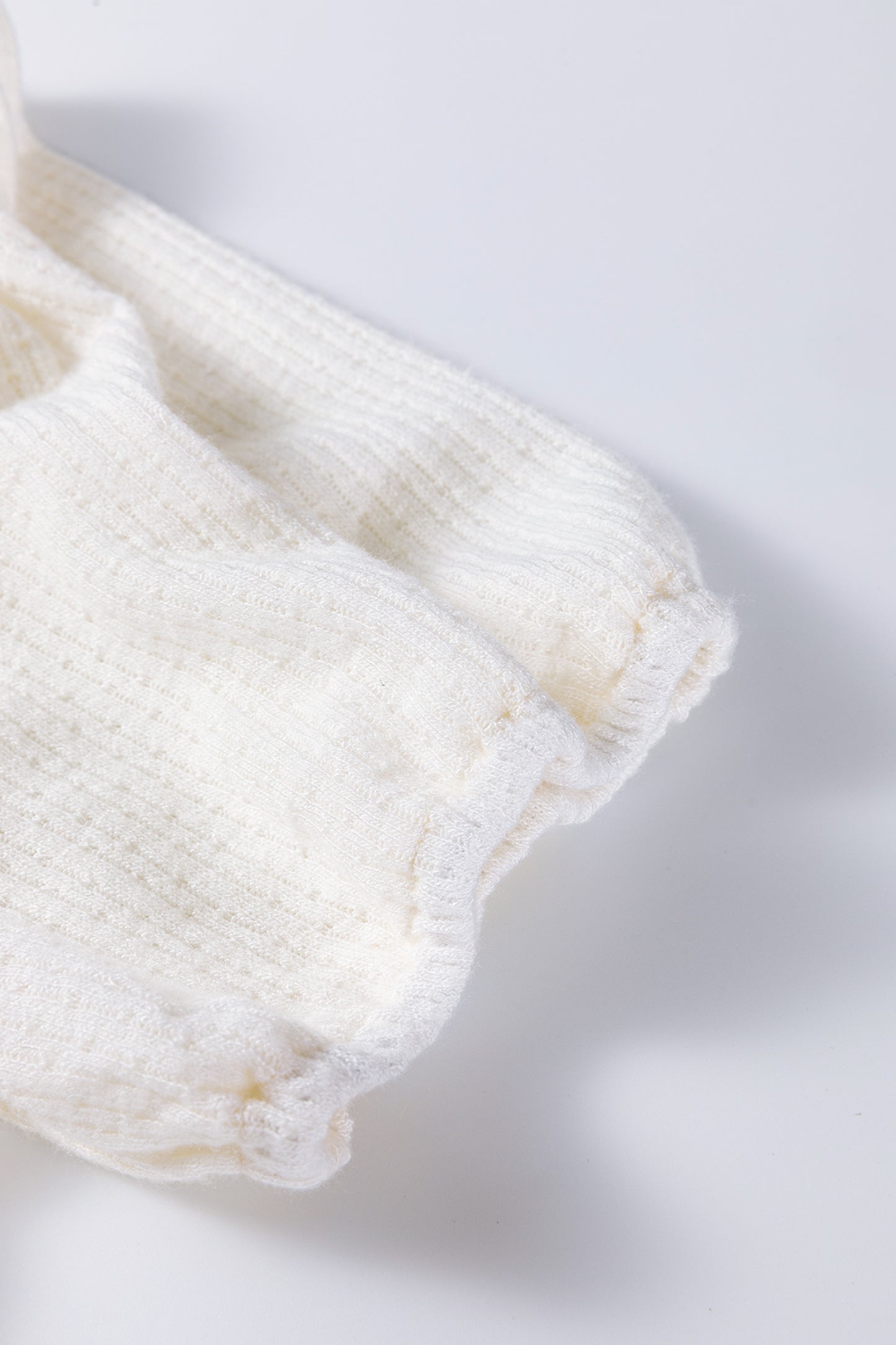 White Textured Knit V Neck Short Bubble Sleeve Peplum Top