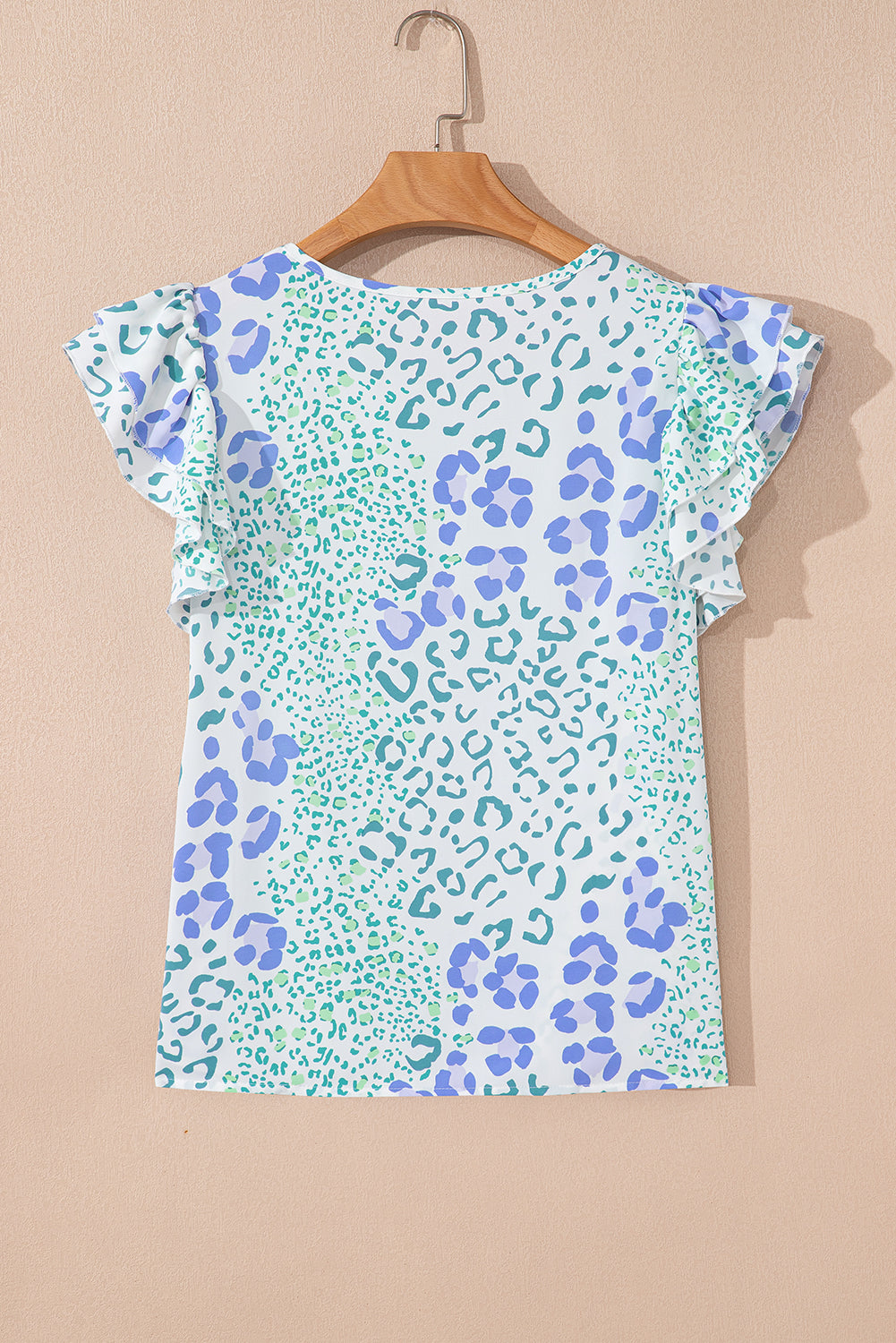 Sky Blue Leopard Layered Ruffle Short Sleeve Casual Blouse