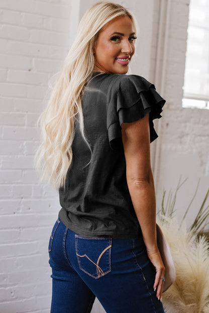 Dark Grey Layered Ruffle Short Sleeve Round Neck Top