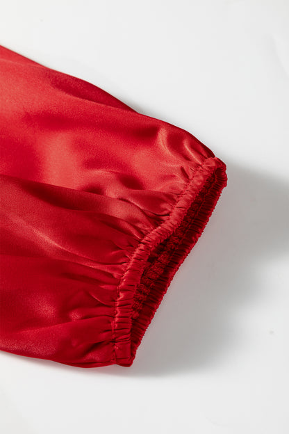 Fiery Red Solid Color Frilled V Neck Bow Detail 3/4 Sleeve Blouse