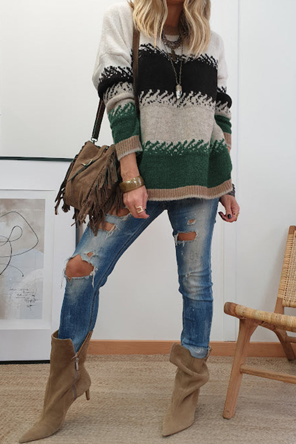 Black Stylish Color Block Pattern Drop Shoulder Sweater