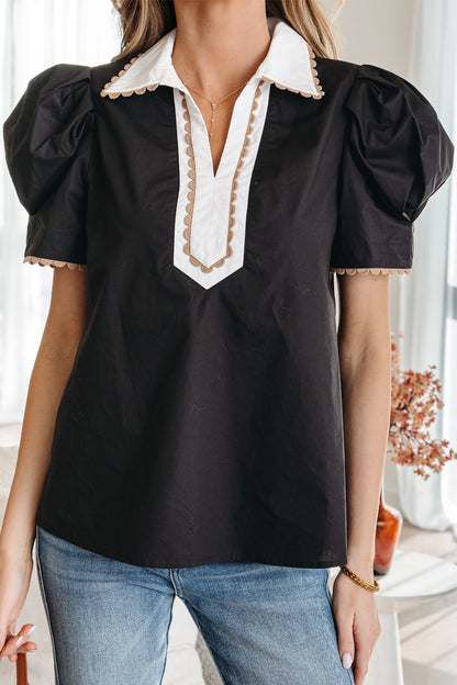 Black Ricrac Trim Color Block Patchwork Shirt Collar Short Sleeve Blouse